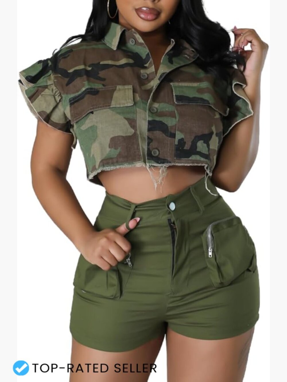 Sleeveless Denim Jacket Crop Military Camo Raw Hem Y2K Trendy